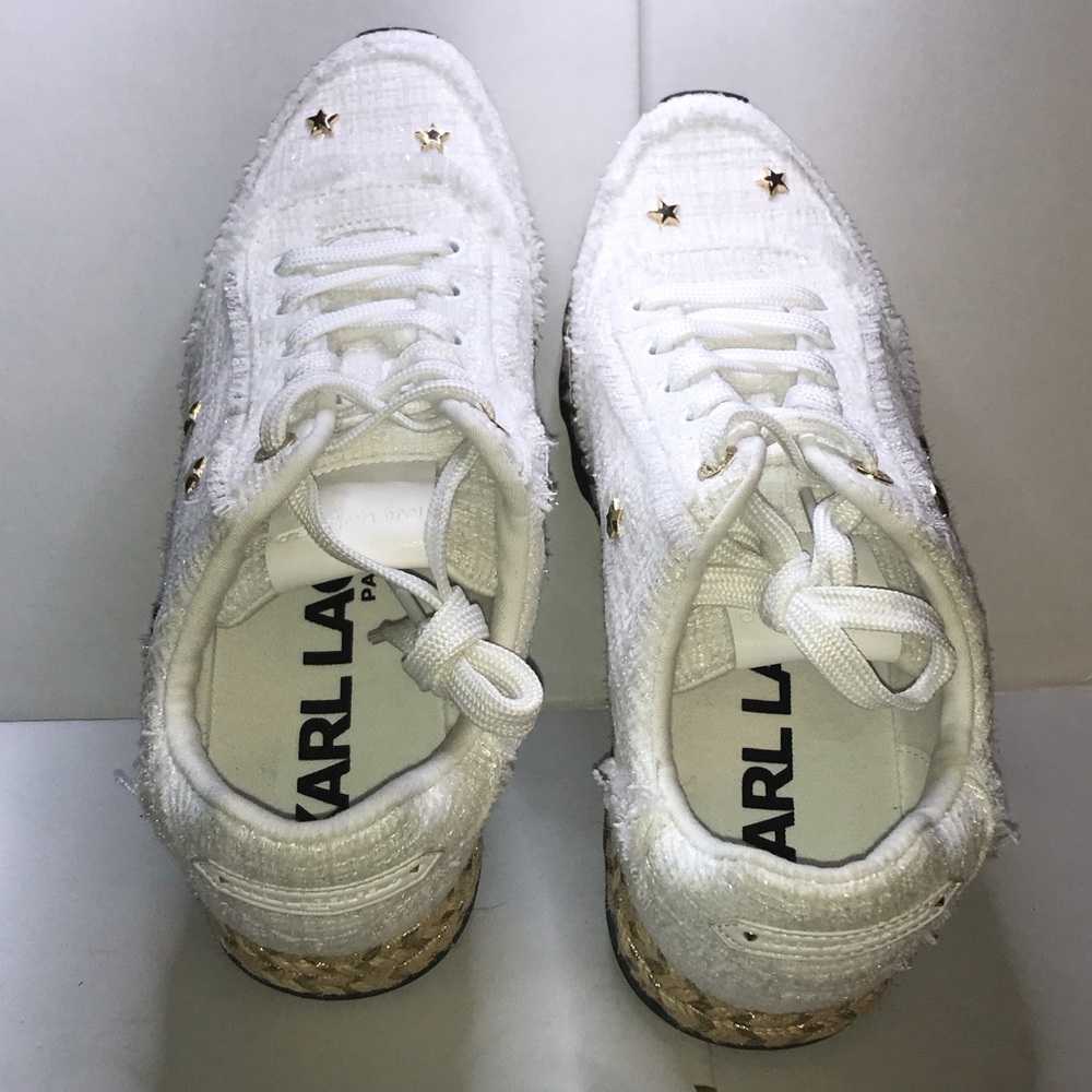 Karl Lagerfeld White Tweed Espadrille Sneakers with Gold Star Accents